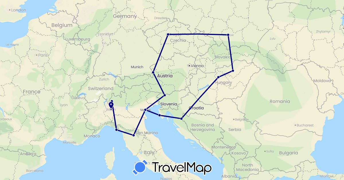 TravelMap itinerary: driving in Austria, Czech Republic, Croatia, Hungary, Italy, Poland, Slovenia (Europe)